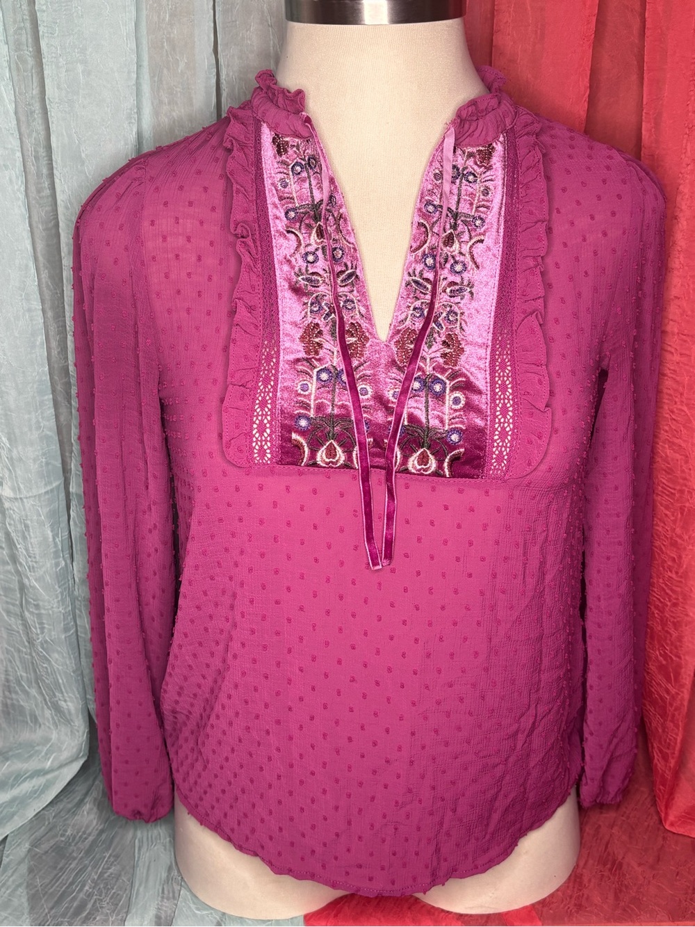 Cato Fuchsia Embroidered Velvet Trim V-Neck Blouse